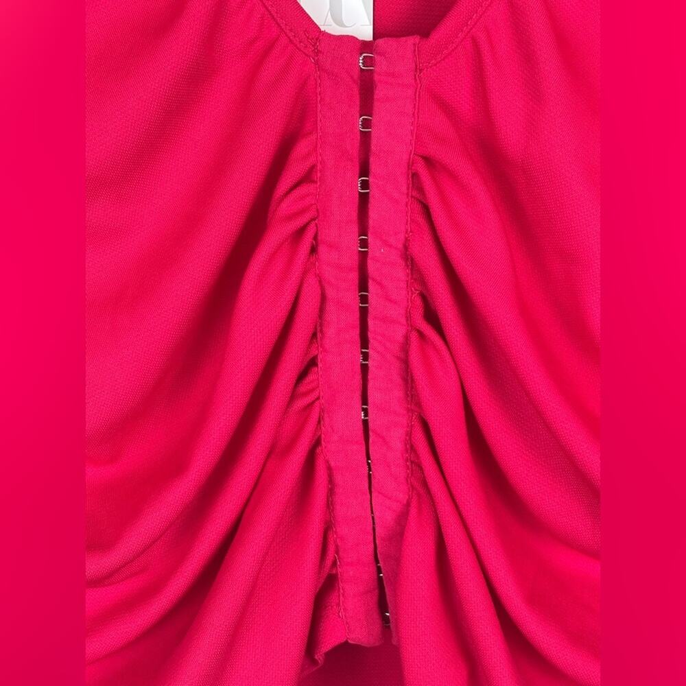 NWT Zara Ruched Hot Pink Fitted Cropped Ruched Long Sleeve Blouse Top Size Large - Picture 4 of 10